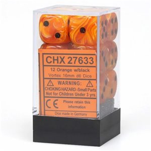 Chessex 16mm d6 Vortex Orange w/black with pips Dice Blocks (12 Dice)